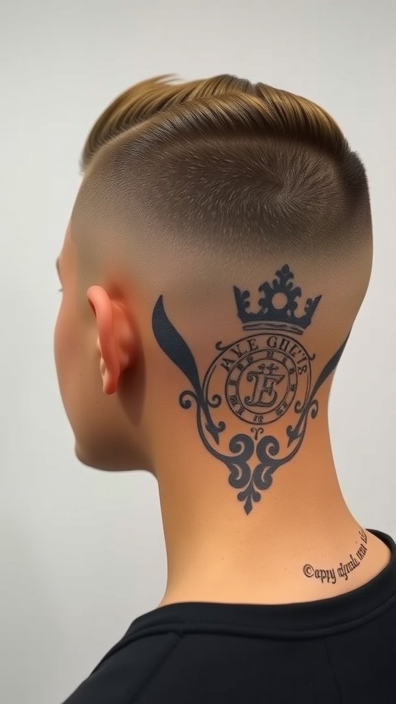 A man showcasing an Edgar haircut with a fade and a unique design on the back of his head.
