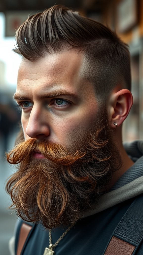 Man with Edgar haircut and full beard, showcasing a stylish and masculine look.