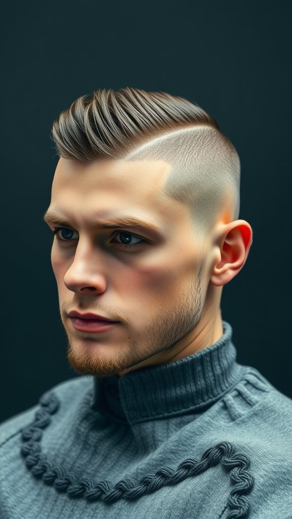 A man with an Edgar haircut featuring a high fade, showcasing a textured top and clean sides.