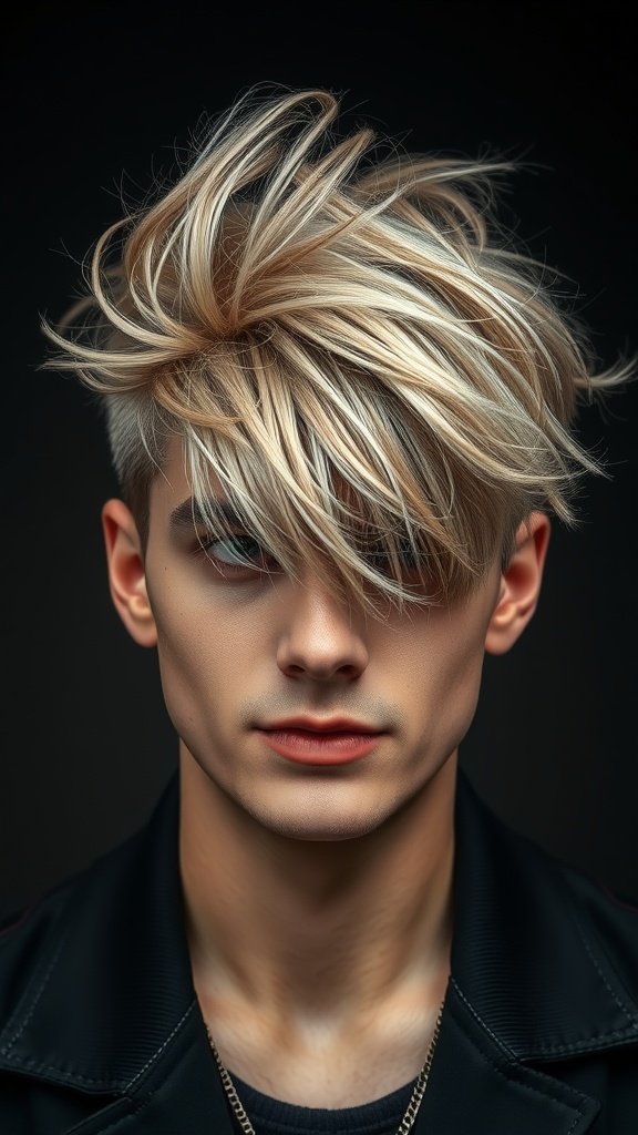 A young man with a layered Edgar haircut, featuring tousled blonde hair and a confident expression.