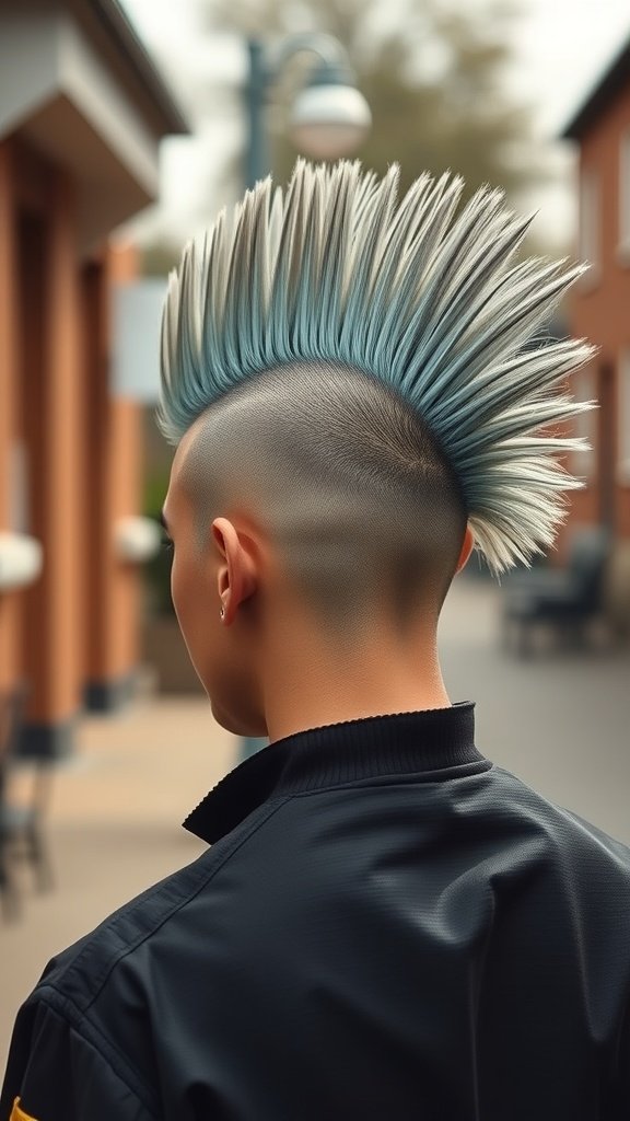 A person with an Edgar haircut featuring a long mohawk, showcasing a stylish and edgy look.