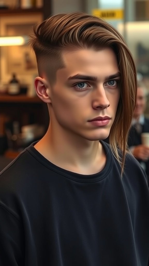 A young man with an Edgar haircut featuring a long top and fade, showcasing a modern and stylish look.
