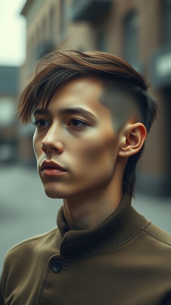 A young man showcasing an Edgar haircut with a long top and short sides, looking stylish and modern.