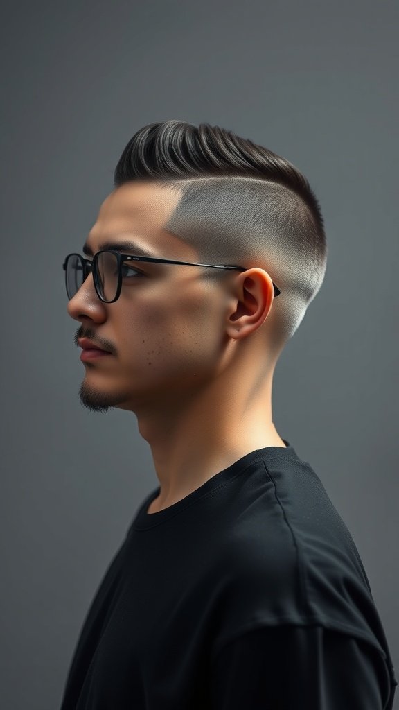 A man with an Edgar haircut featuring a low fade, showcasing a stylish and modern look.