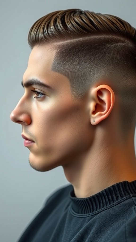 Profile view of a man with an Edgar haircut featuring a medium fade.