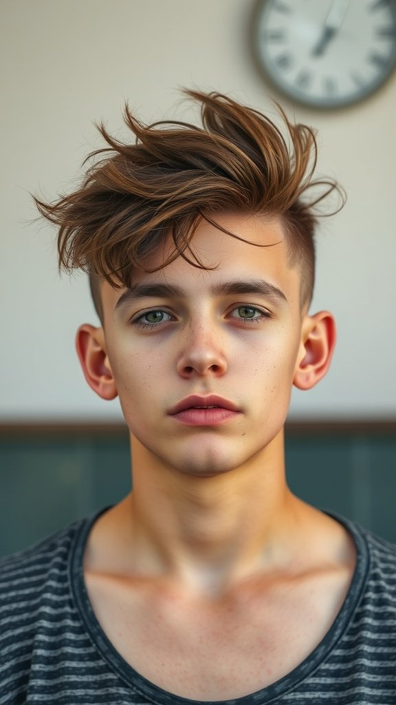 A young man with an Edgar haircut featuring a messy top, styled for a trendy appearance.