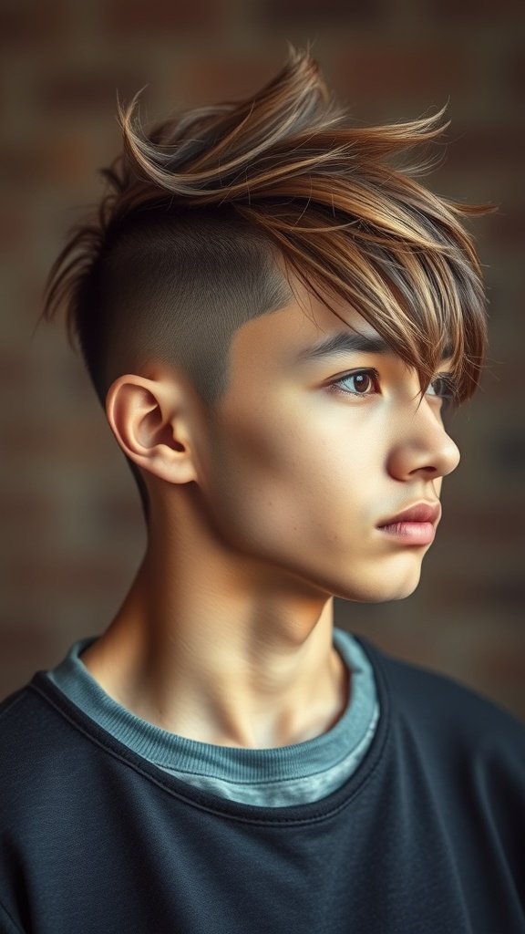 A young man with an Edgar haircut featuring a mullet twist, showcasing volume on top and short sides.