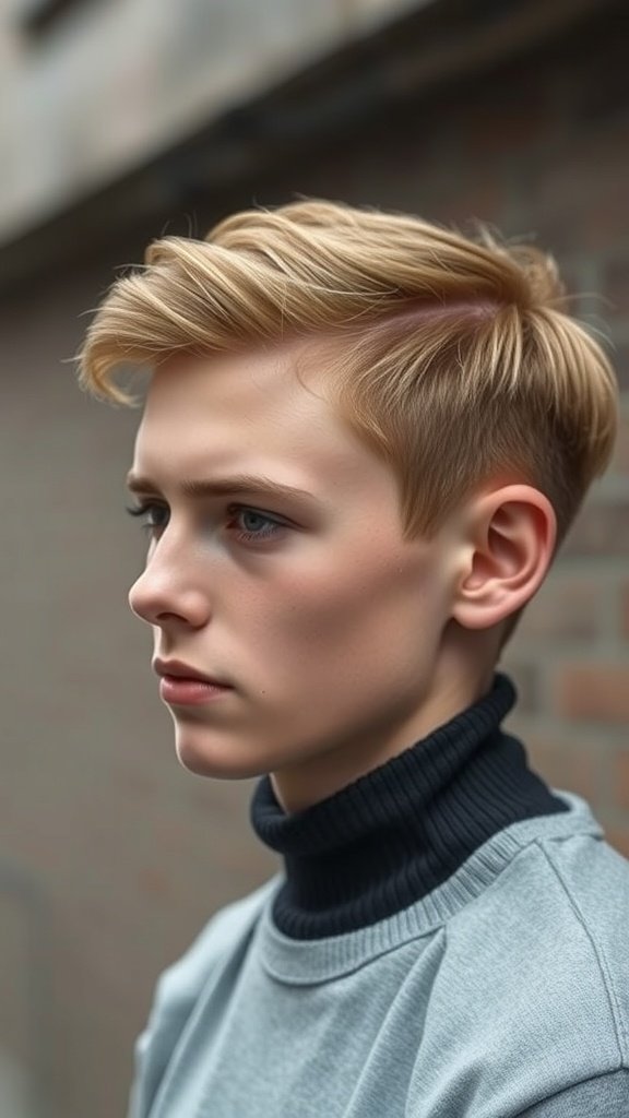 A young man with an Edgar haircut featuring a natural finish, styled with a casual turtleneck.