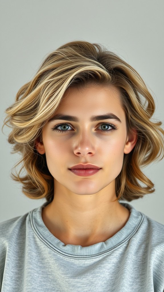 A person with an Edgar haircut featuring natural waves, showcasing a stylish and modern appearance.