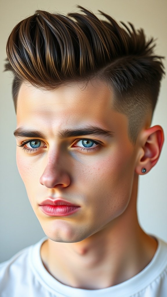 A young man with an Edgar haircut styled into a quiff, showcasing short sides and a voluminous top.
