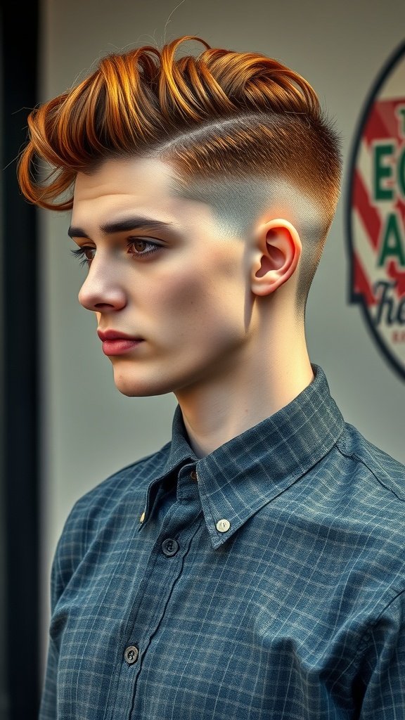 A young man with a stylish Edgar haircut featuring a rockabilly twist, showcasing voluminous hair on top and faded sides, wearing a button-up shirt.