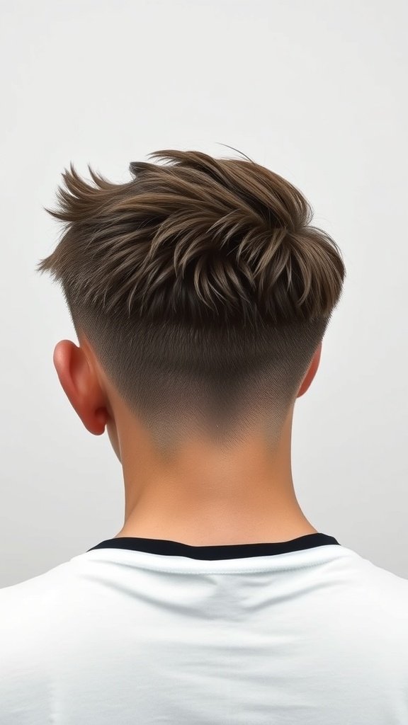 Back view of a man with an Edgar haircut featuring a sharp contrast between the faded sides and textured top.