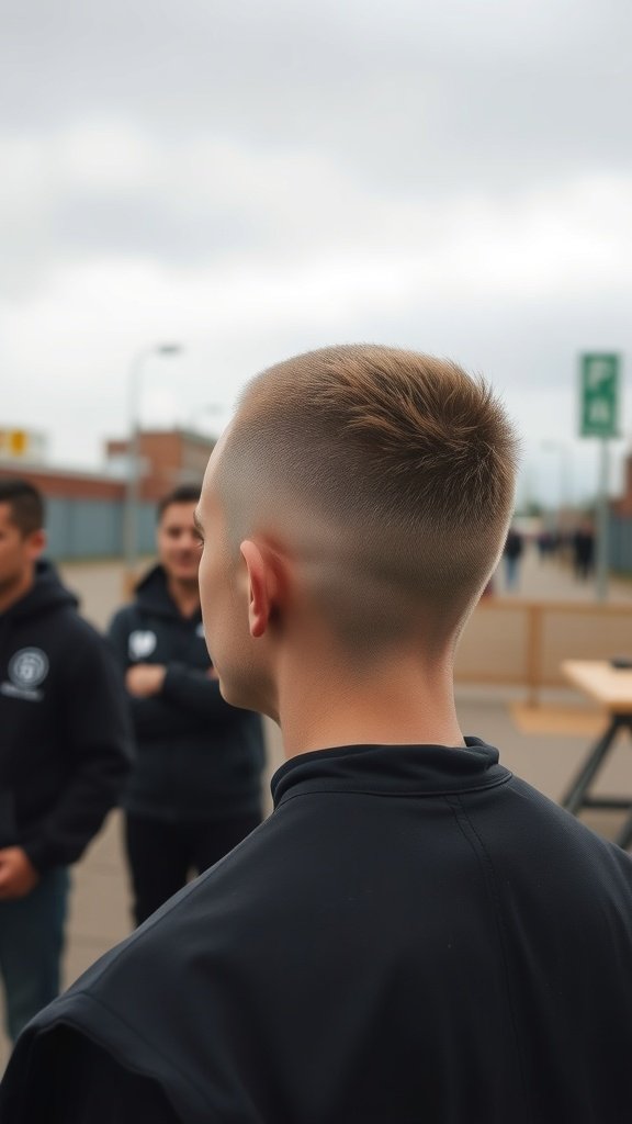 A young man showcasing an Edgar haircut with a sharp line-up, emphasizing clean edges and a modern style.