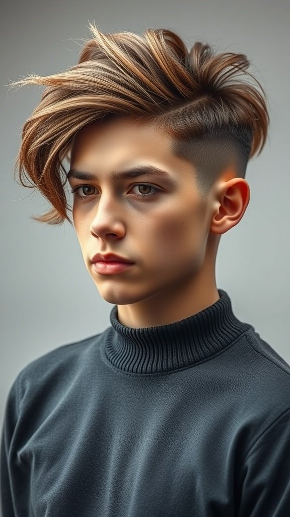 Young man with an Edgar haircut styled with a side sweep and volume