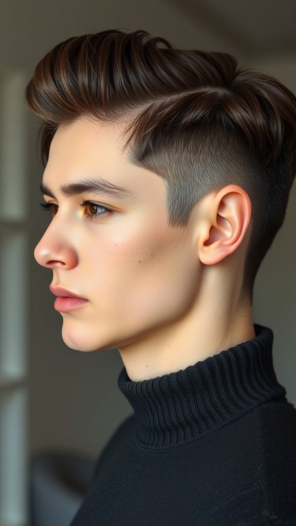 A young man with an Edgar haircut styled in a side-swept look, showcasing a modern and polished appearance.