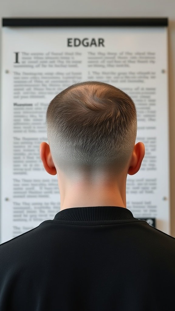 Back view of a man with an Edgar haircut and a soft fade, showcasing a modern hairstyle.