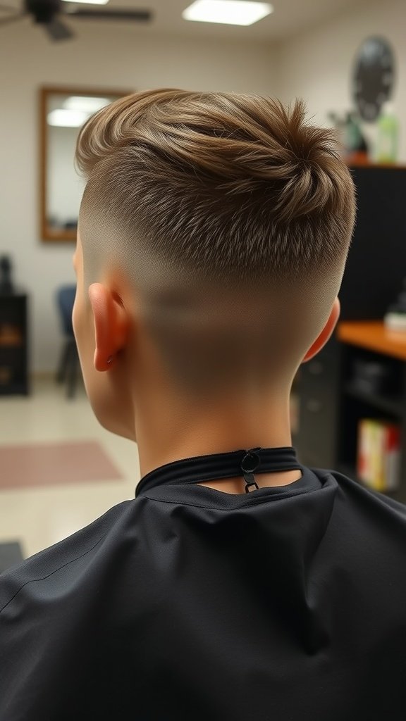 A stylish Edgar haircut with a tapered back, showcasing short sides and a longer top.