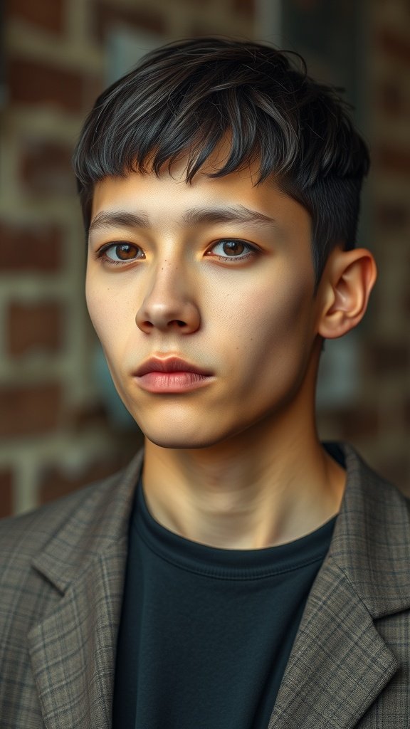 A young man with an Edgar haircut featuring a textured fringe, wearing a stylish outfit.