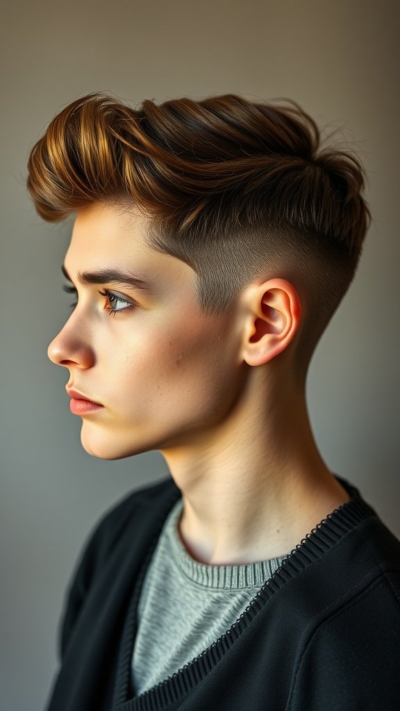 A young person with an Edgar haircut styled with a vintage vibe, featuring a clean fade and voluminous top.