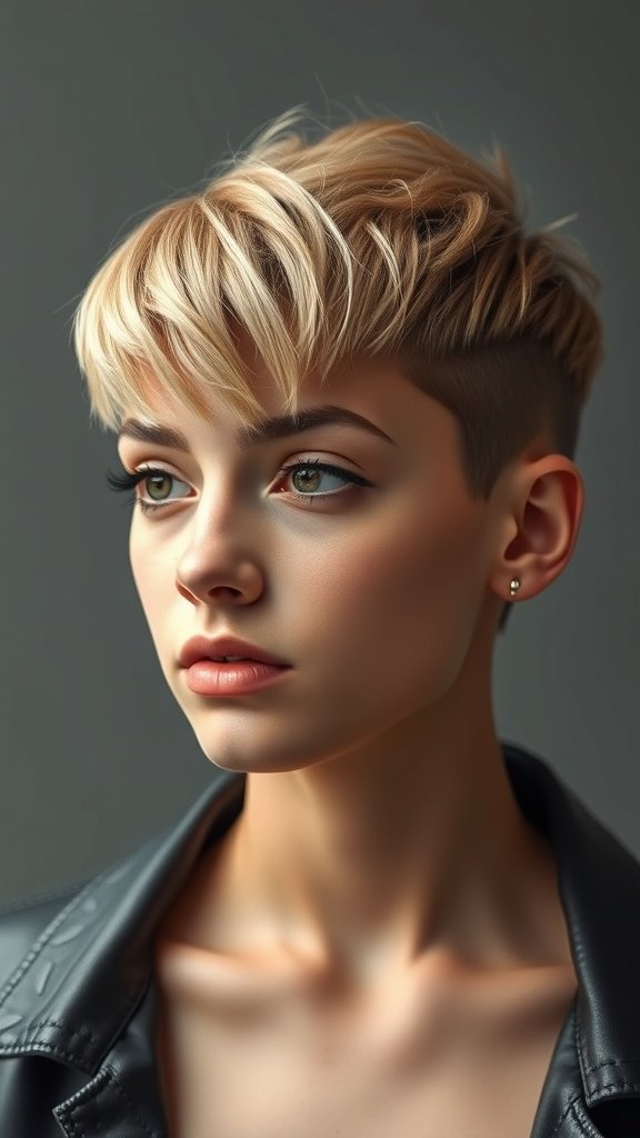 A person showcasing an Edgar haircut with an angular fringe, featuring short sides and textured hair on top.