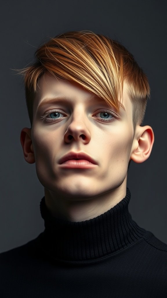A young man showcasing an Edgar haircut with an asymmetrical cut, featuring longer hair on one side.