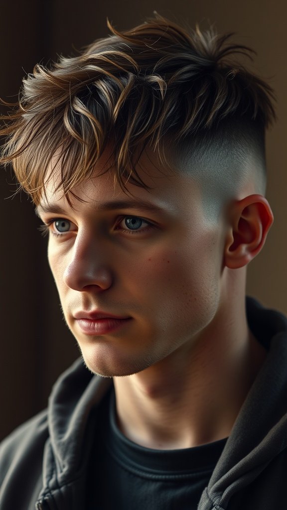 A young man with an Edgar haircut featuring choppy texture and faded sides.