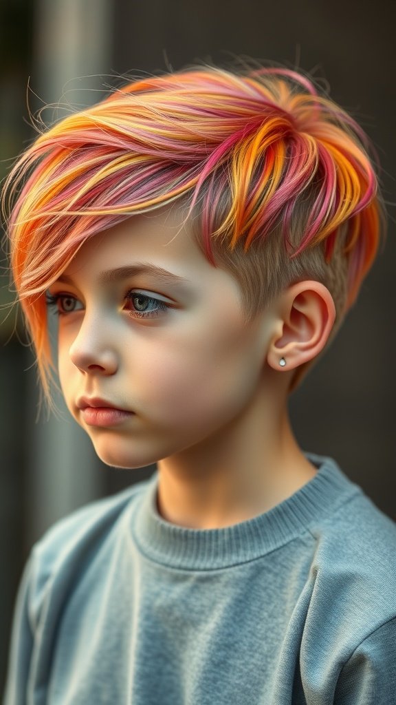 A young person with an Edgar haircut featuring vibrant colored highlights in pink, orange, and yellow.