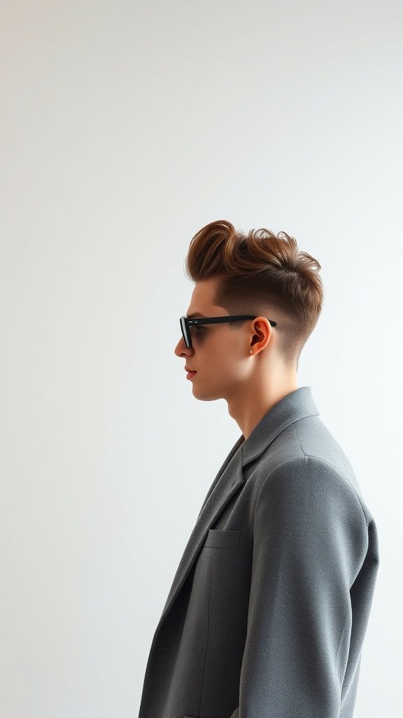 A young man with an Edgar haircut styled into a pompadour, wearing sunglasses and a grey blazer.