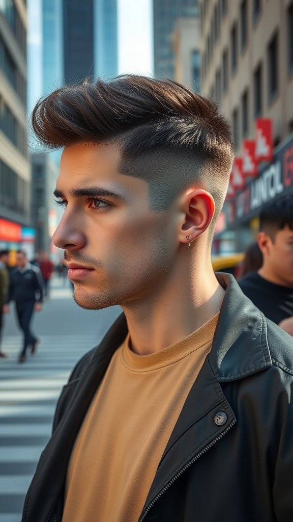 A man with an Edgar haircut featuring a side part, showcasing a stylish and modern look.