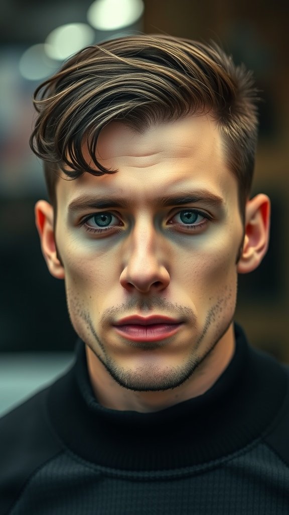 A man showcasing the Edgar haircut with stylish sideburns, looking confident and modern.