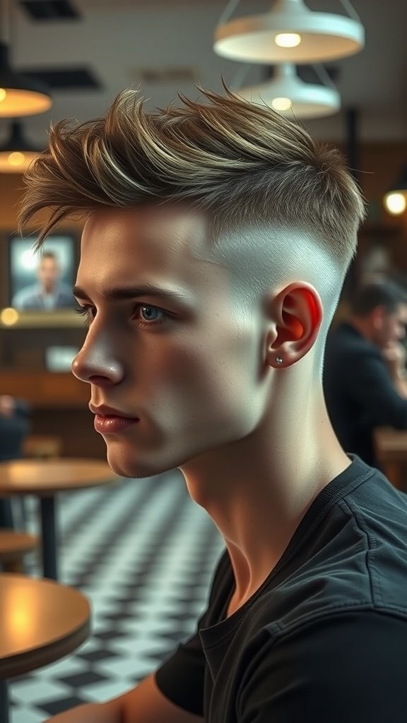 Young man with Edgar haircut featuring a textured top, sitting in a cafe.