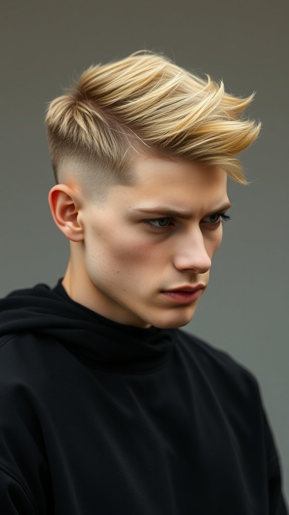 A young man with an edgy mid-fade haircut, featuring longer hair styled upwards and faded sides.