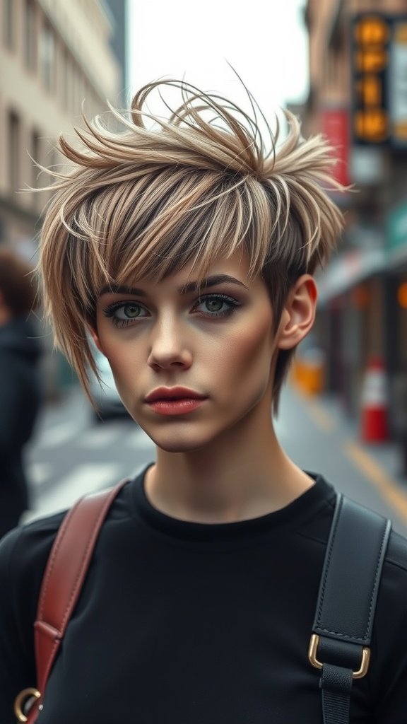 A young woman with an edgy pixie haircut featuring long layers, styled with a tousled look.