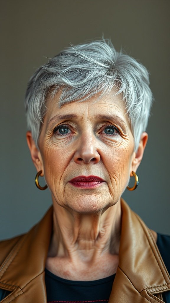 A woman with short silver shag haircut, wearing a brown leather jacket and bold earrings.