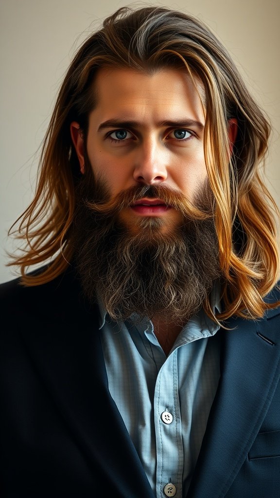 Man with long hair and beard wearing a blazer