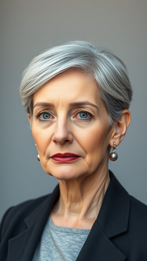 A woman with a tapered haircut, showcasing silver hair and elegant earrings.