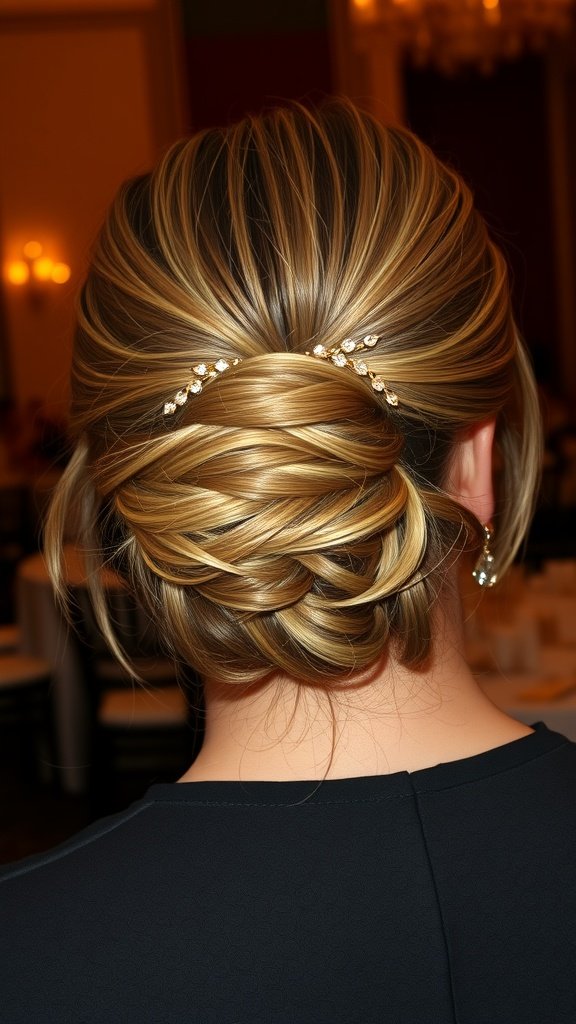 A beautiful layered updo hairstyle with sparkling hair accessories.