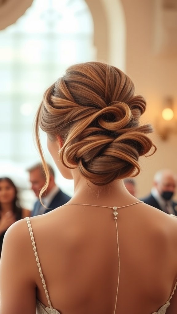 Elegant updo hairstyle with loose curls, showcasing a romantic and sophisticated look.