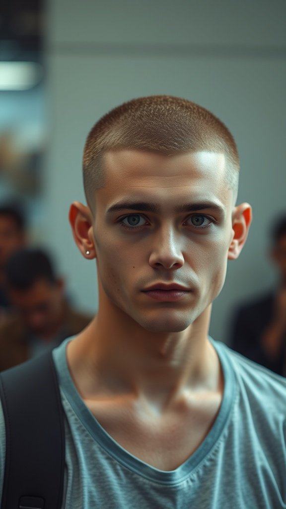 A young man with a fade crew cut, showcasing a clean and polished hairstyle.