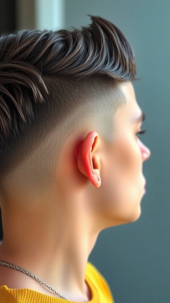 A young man showcasing a fade haircut with an angular fringe, highlighting the stylish blend of short and long hair.