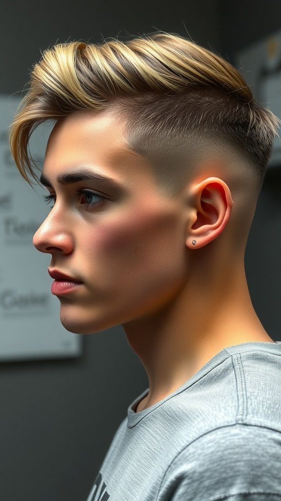 A young man with a fade haircut and asymmetrical styling on top.