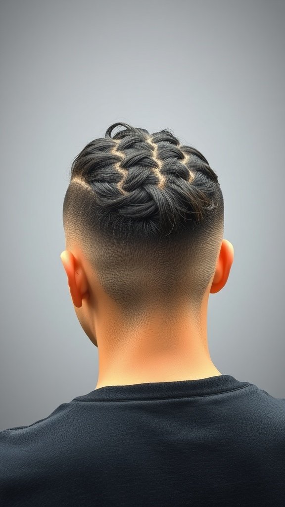 A stylish fade haircut with braids on top, showcasing a clean fade and intricate braid pattern.