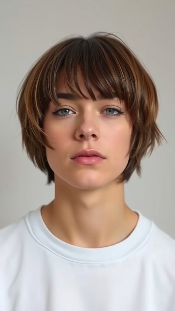 A person with a fade haircut and curtain bangs, showcasing a stylish and modern look.