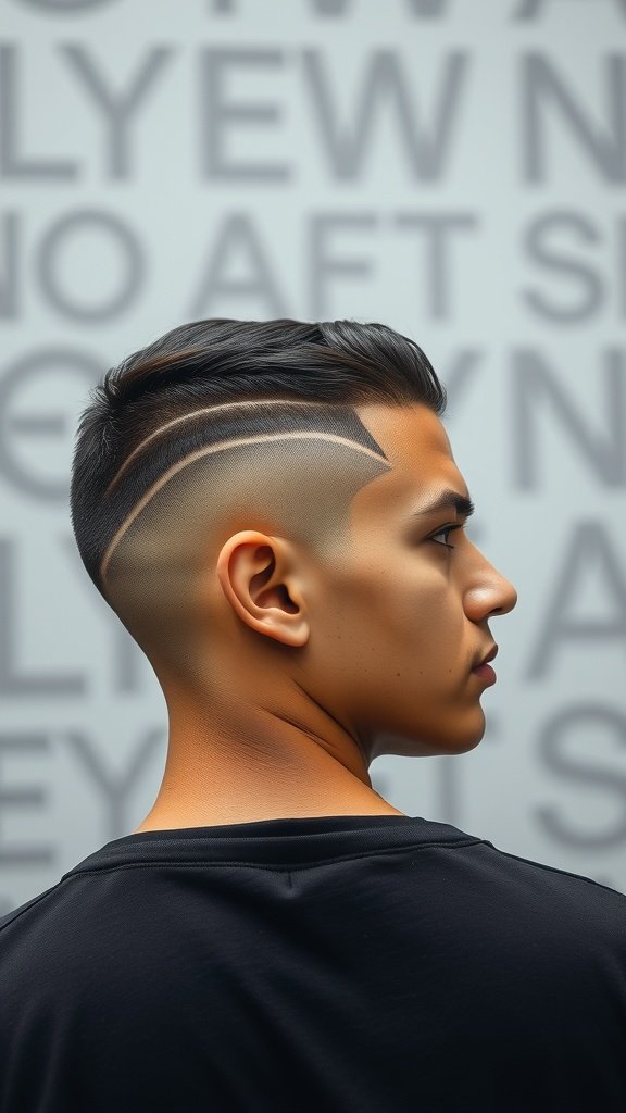 A man with a fade haircut featuring geometric designs on the side, showcasing sharp lines and a modern style.