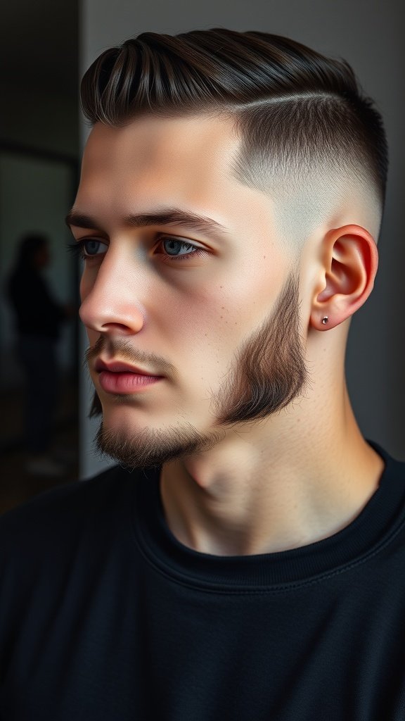 A man with a fade haircut and long sideburns, showcasing a stylish and modern look.