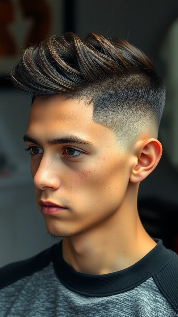 A young man with a fade haircut and a long textured top, showcasing a modern hairstyle.