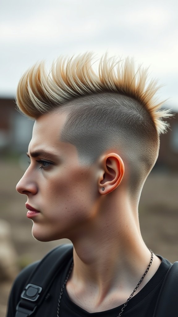 A young man with a fade haircut and a mohawk, showcasing a stylish and edgy look.