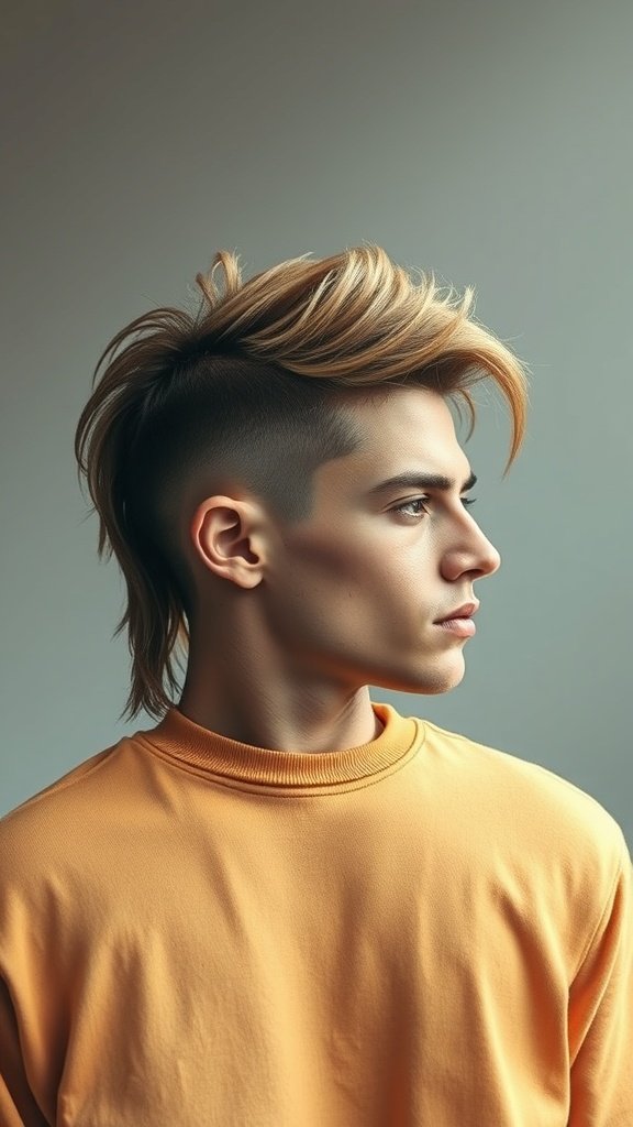 A young man with a fade and mullet hairstyle, showcasing a modern and stylish look.