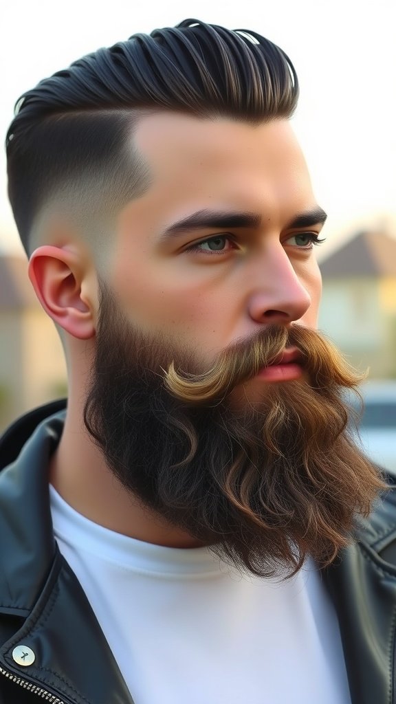 A man with a stylish fade haircut, pompadour on top, and a well-groomed beard.