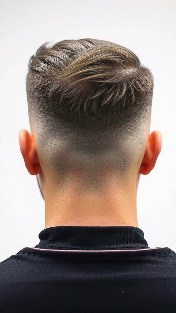 A close-up view of a men's fade haircut featuring sharp lines and a smooth gradient.